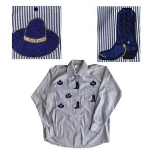 Vintage Western Style Women's Striped Blouse - Cowboy Hats & Boots Pattern - L